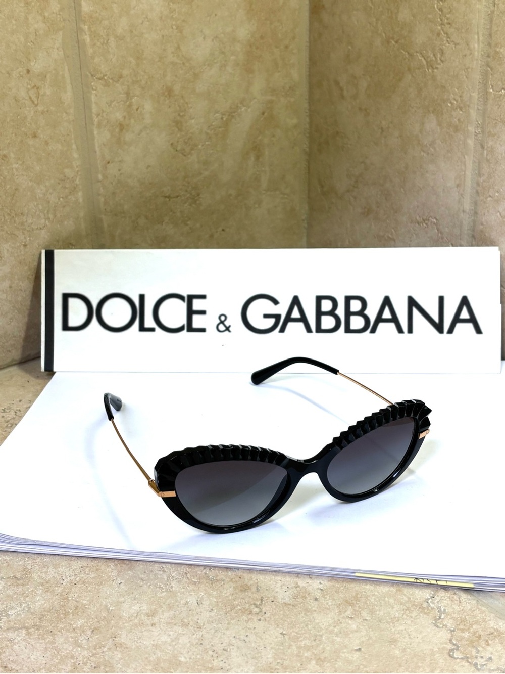New Dolce & Gabbana DG6136 501/8G Black Cat-Eye Sunglasses with Gold Temples